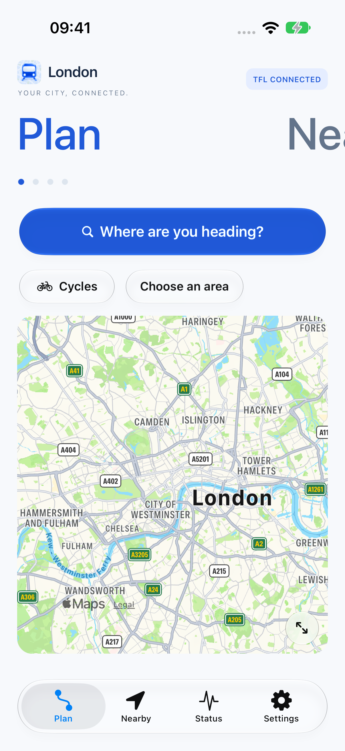 City Travel Plan screen showing a map and journey planning controls